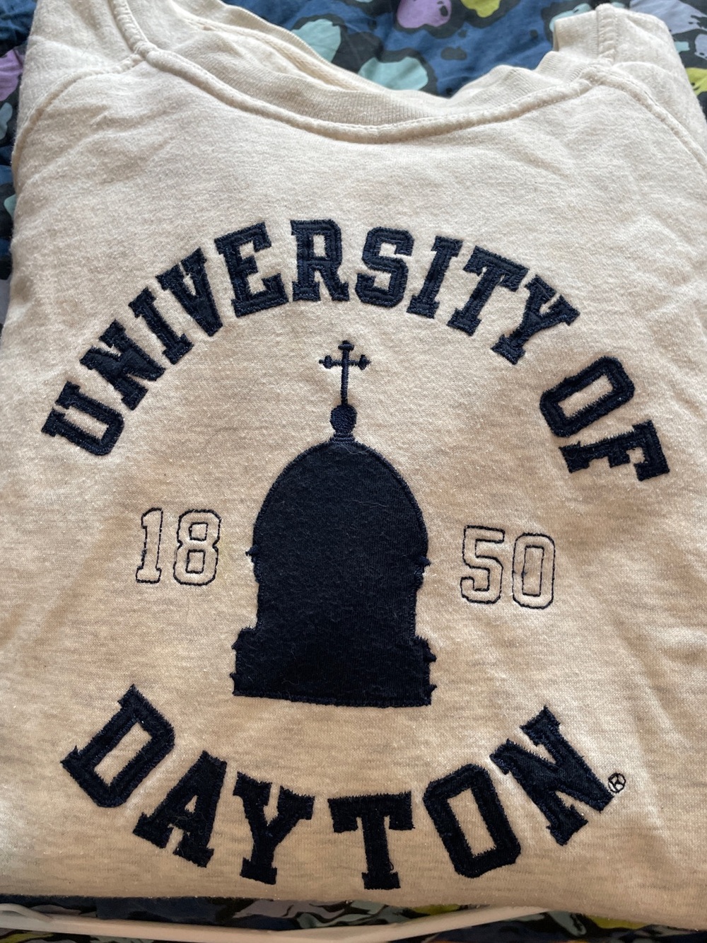 League Cream University of Dayton Graphic Sweatshirt with Navy Blue Chapel Logo